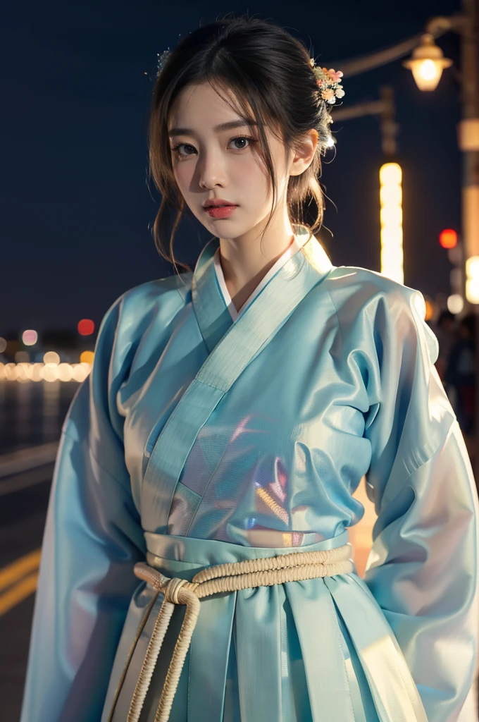 (((best quality))),(((ultra detailed))),(((masterpiece))),illustration,1girl,bun hair,(see through gauze hanbok:1.5),collar,slim,flat chest,laughing, summer night,Korean city scape, street, neon signs, beautiful, vibrant, detailed facial features,medium hair, elegance, cultural atmosphere, bustling city,tall buildings full of colorful advertisements, reflections, lively atmosphere, street food aroma,upper body