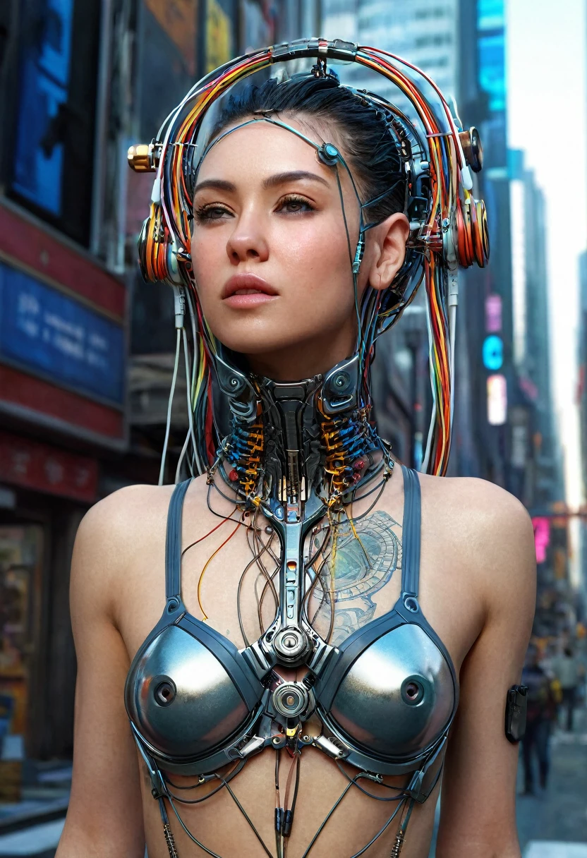 ((extremely delicate and beautiful cybernetic girl)), ((mechanical limblood vessels connected to tubeechanical vertebrae), ((mechanical cervical attaching to neck)), (wires and cables attaching to neck:1.2), ((mass of wires and cables on head)),  (character focus), (((dynamic pose))), ((cowboy shot)), (masterpiece), (((best quality))), ((ultra-detailed)), (highly detailed photorealistic CG illustration), cinematic lighting, science fiction, extremely detailed,colorful,highest detail, (((cyberpunk city background))), tattoos,