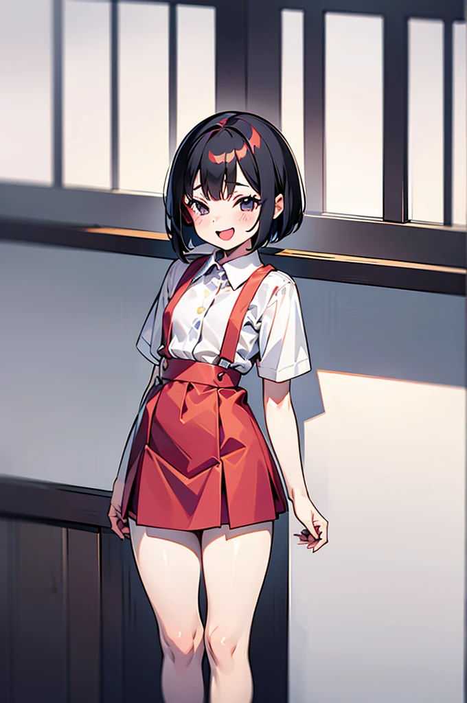 1 chica, hanako-san, camisa de vestir, manga corta, falda de tirantes roja, rubor, :d, corte bob, pelo negro,