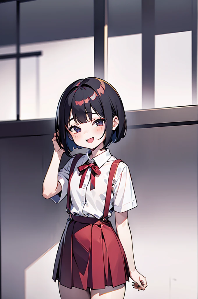 1 chica, hanako-san, camisa de vestir, manga corta, falda de tirantes roja, rubor, :d, corte bob, pelo negro,