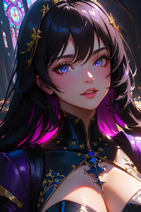 a close up of a woman in a black and purple outfit, thick, commission for high resolution, inside an abandoned cathedral, 极其详细的a...