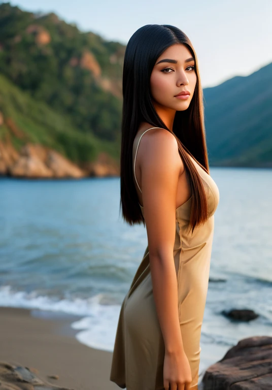 a woman in a tan dress standing next to a body of water, Pocahontas, indian goddess, madison beer as leeloo, indian girl with brown skin, The character is in his natural pose., beautiful face and figure, retrato de Pocahontas, Beautiful goddess, retrato de un joven Pocahontas, Shot from the side