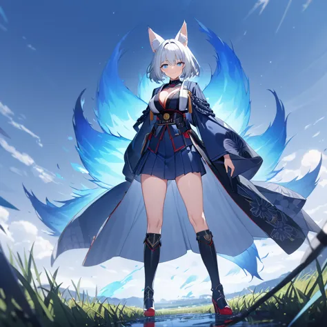 a woman wearing navy blue samurai clothing, black boots, japanese aesthetics, red heels, blue eyes, white hair, short hair, kits...