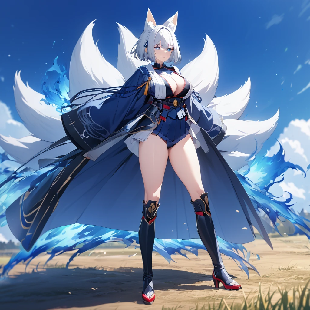 A woman wearing navy blue samurai clothing, black boots, Japanese aesthetics, red heels, blue eyes, white hair, short hair, kitsune ear, kitsune tail, multi tail, blue flames around, in an open field, blue flames. smiling, big breasts. UHD, prime work, accurate, anatomically correct, textured skin, super details, high quality, best quality, 8k, high resolution, bokeh effect. (woman alone)
