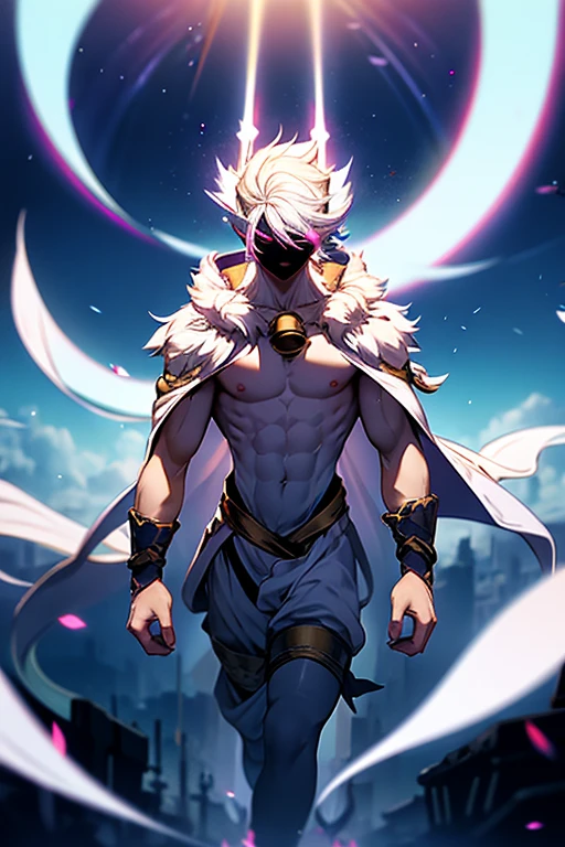 White hair, ethereal aura, serenity, wielded bow, light garments, spectral super strong neko boy and strong body col
