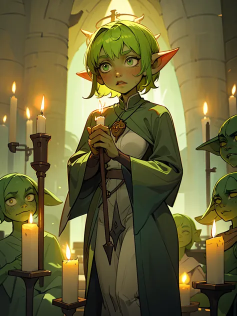 1 girl, short hair, green goblin girl, green skin, small pointy ears, priestess dressed in white, pious, lighting a candle in a ...