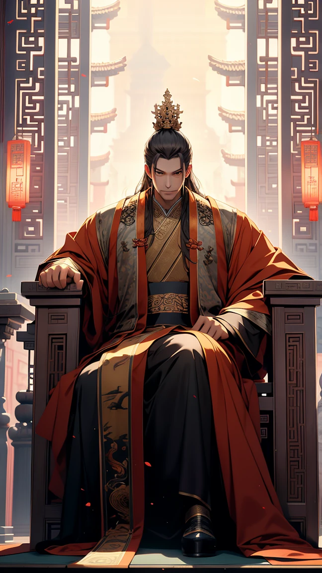 Un vieux roi chinois assis sur une chaise dans le palais