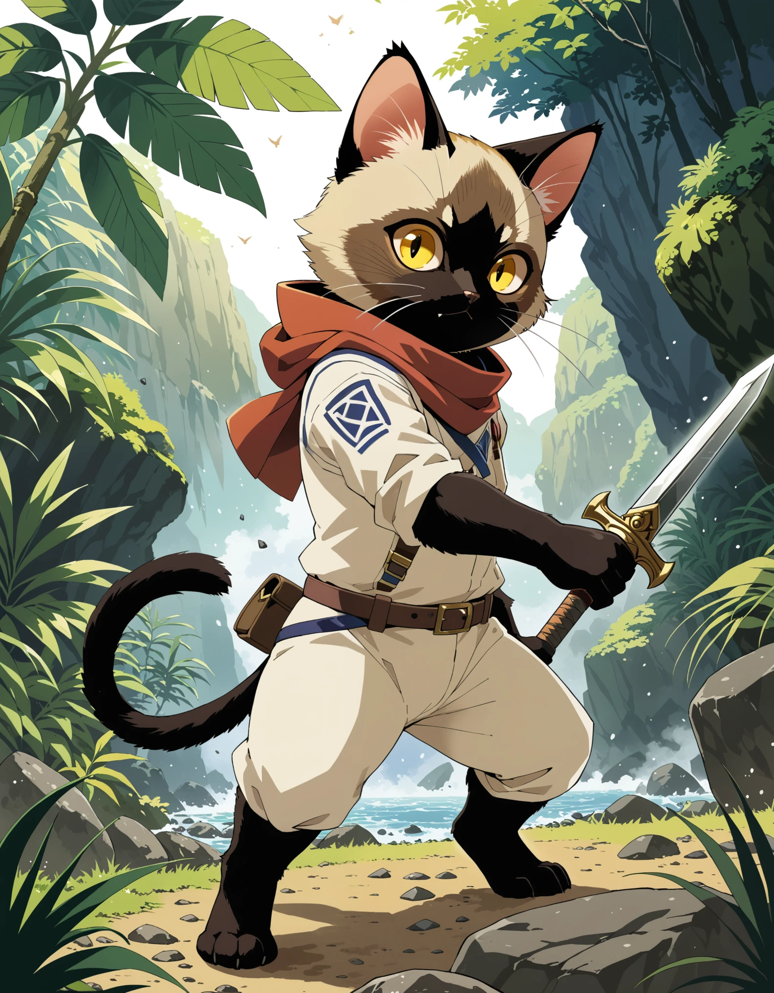 (by Awataguchi Takamitsu, by Hasui Kawase), monster hunter, anthro (palico), siamese cat, yellow eyes, action pose, fantasy weapon, large melee, hunter suit, jungle, rock