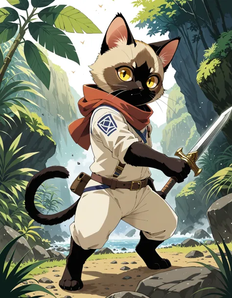 (by awataguchi takamitsu, by hasui kawase), monster hunter, anthro (palico), siamese cat, yellow eyes, action pose, fantasy weap...