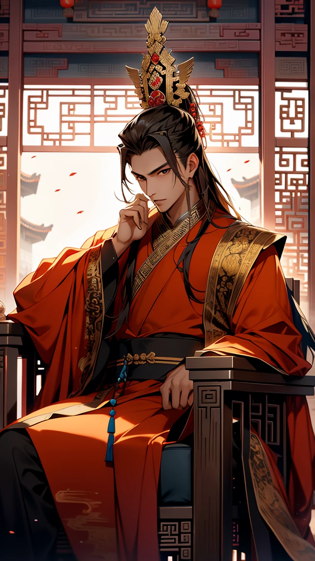 궁전의 의자에 앉아 있는 중국의 옛 왕