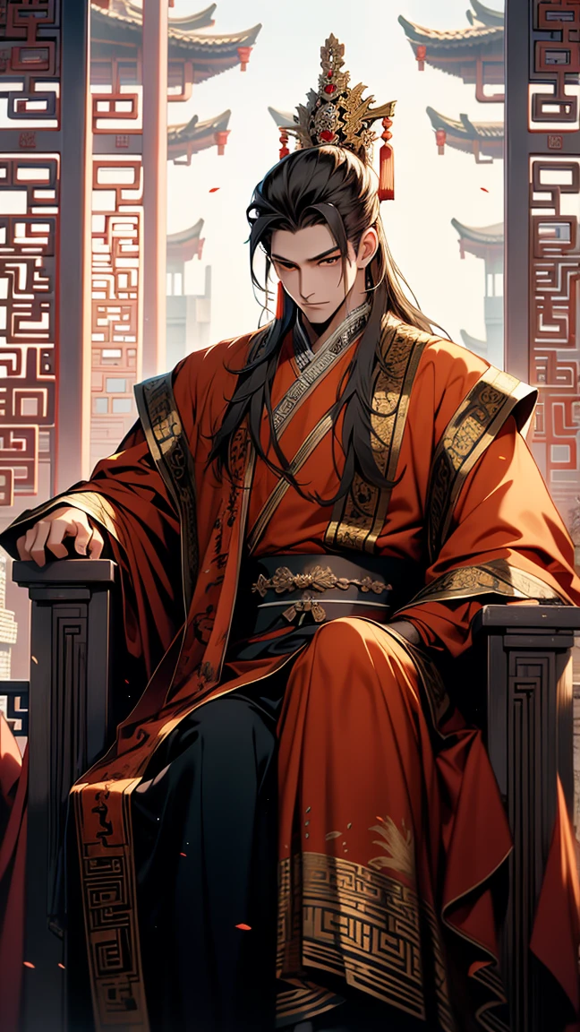 궁전의 의자에 앉아 있는 중국의 옛 왕