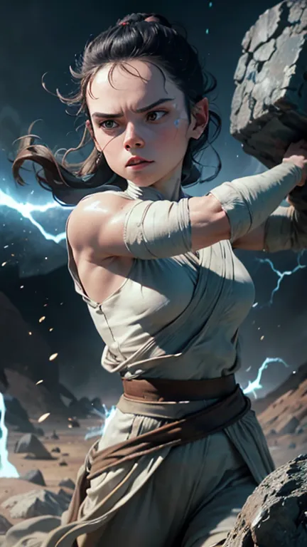 "rey stands with her arms outstretched, channeling the force to lift a massive boulder, her face showing both strain and determi...