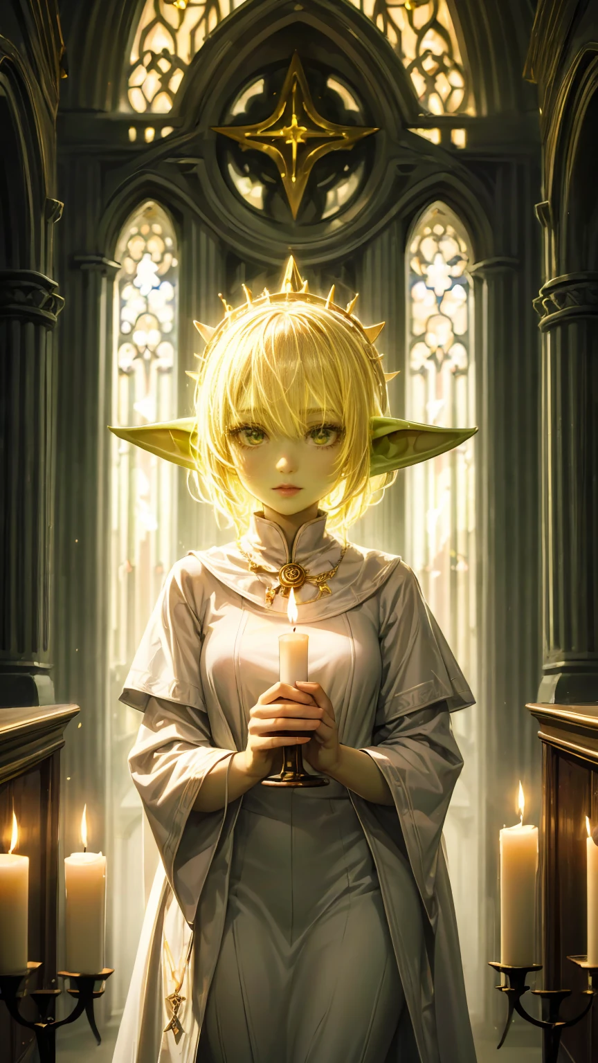 1 girl, green goblin girl, green skin, small pointy ears, priestess dressed in white, pious, lighting a candle in a cathedral, candlelit, warm lighting, soft lighting, reverent, radiant skin, blonde hair, luminous hair