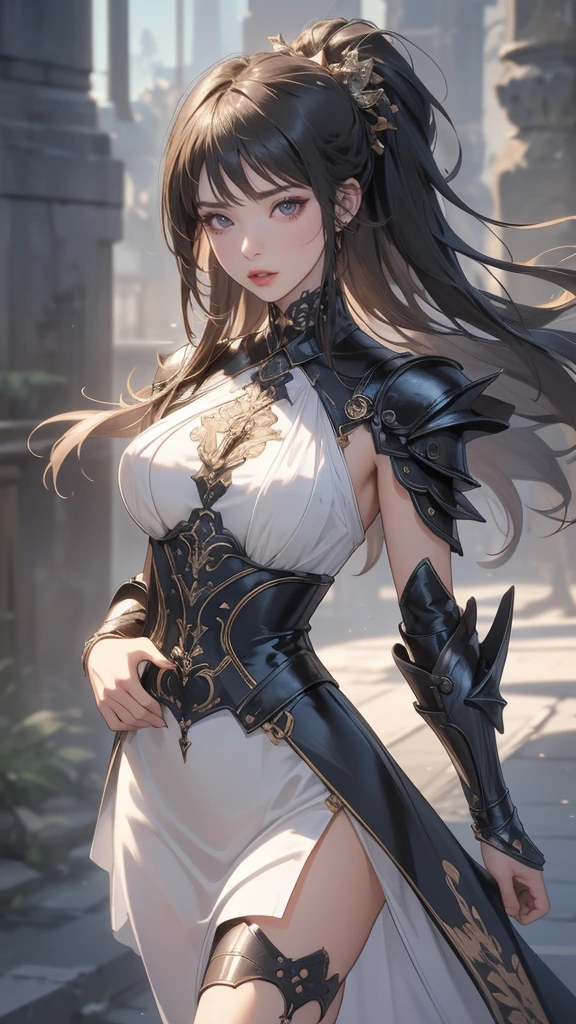 looking back,(fighting pose),(leather boots,(asymmetrical armor),(long embroidered cute dress,see through,lift up the hem of the dress)),(random hairstyle),(Thin type:1.5),(large breasts),(Highest image quality,(8K), Ultra-realistic, Best Quality, High quality, High Definition, high quality texture, high detailing, Beautiful detailed, fine detailed, extremely details CG, Detailed texture, realistic representation of face, masterpiece, presence)
