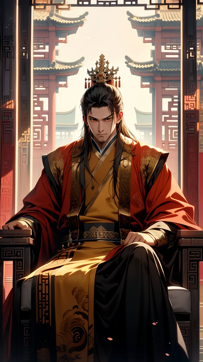 Un viejo rey chino sentado en una silla en el palacio
