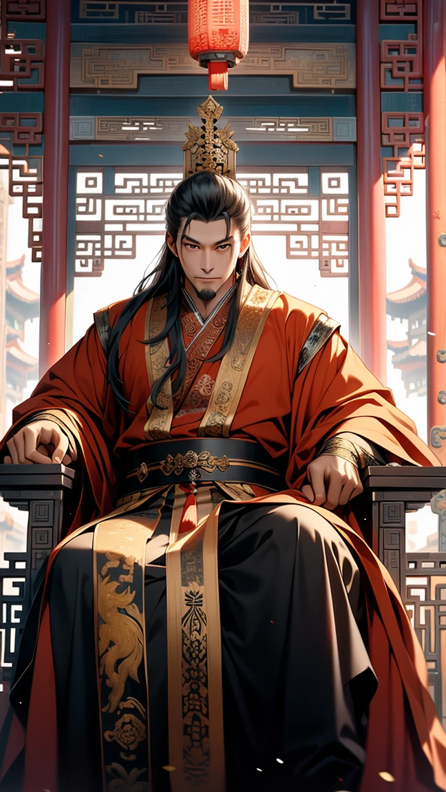Ein alter chinesischer König sitzt auf einem Stuhl im Palast