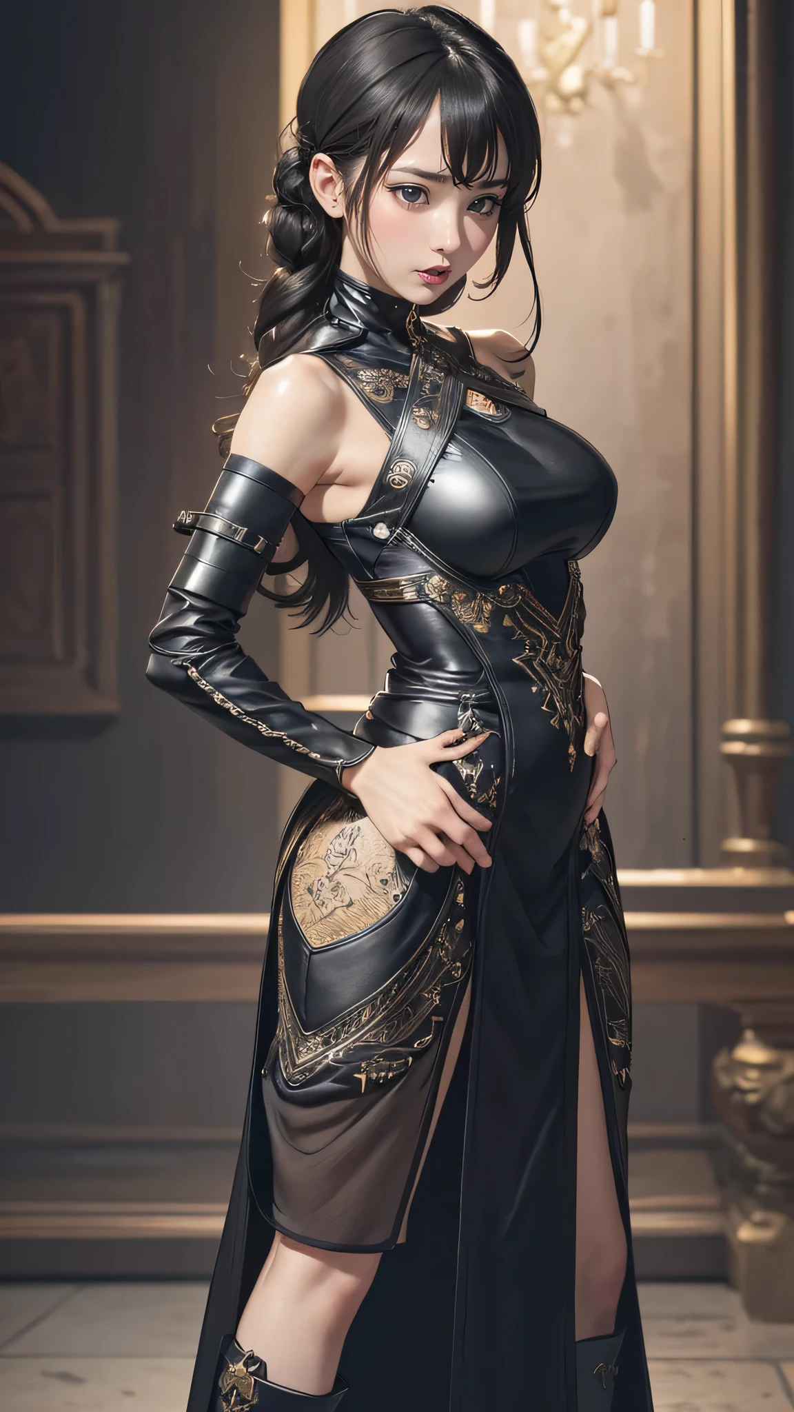 looking back,(fighting pose),(leather boots,(asymmetrical armor),(long embroidered cute dress,see through,lift up the hem of the dress)),(random hairstyle),(Thin type:1.5),(large breasts),(Highest image quality,(8K), Ultra-realistic, Best Quality, High quality, High Definition, high quality texture, high detailing, Beautiful detailed, fine detailed, extremely details CG, Detailed texture, realistic representation of face, masterpiece, presence)
