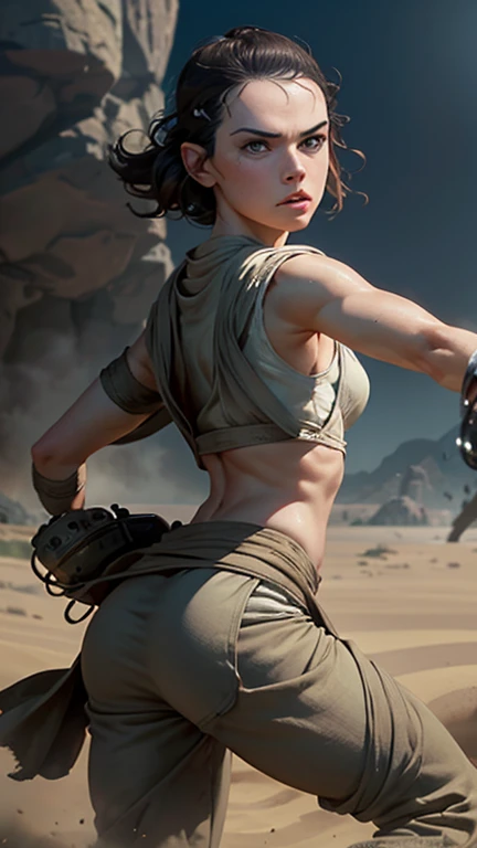 Daisy Ridley face, masterpiece 1.3, Ultrarealistic face, slim athletic physique, small flat breasts, round ass, "With a look of intense focus, Rey holds out her hand, projecting a powerful Force push that sends enemies flying back, her stance strong and unyielding."