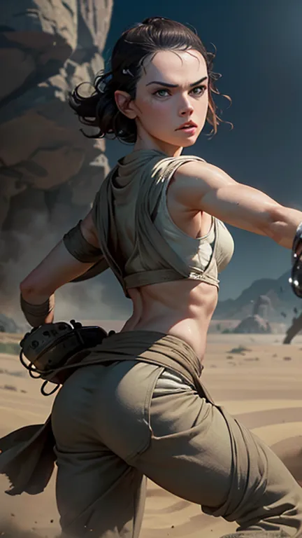 daisy ridley face, masterpiece 1.3, ultrarealistic face, slim athletic physique, small flat breasts, round ass, "with a look of ...