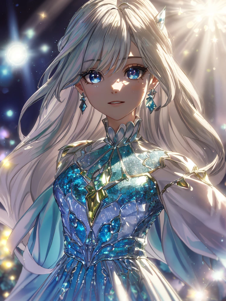 masterpiece, highest quality, figure, alexandrite eyes and hair, platinum earrings, Platinum Necklace, white dress, The Little Mermaid, cute, (dynamic lighting:1.2), cinematic lighting, delicate features, fine eyes, sharp pupils, realistic student, Depth of bounds written, Bokeh, sharp focus, (very detailed, bloom, shine:1.4), Many Small Gems