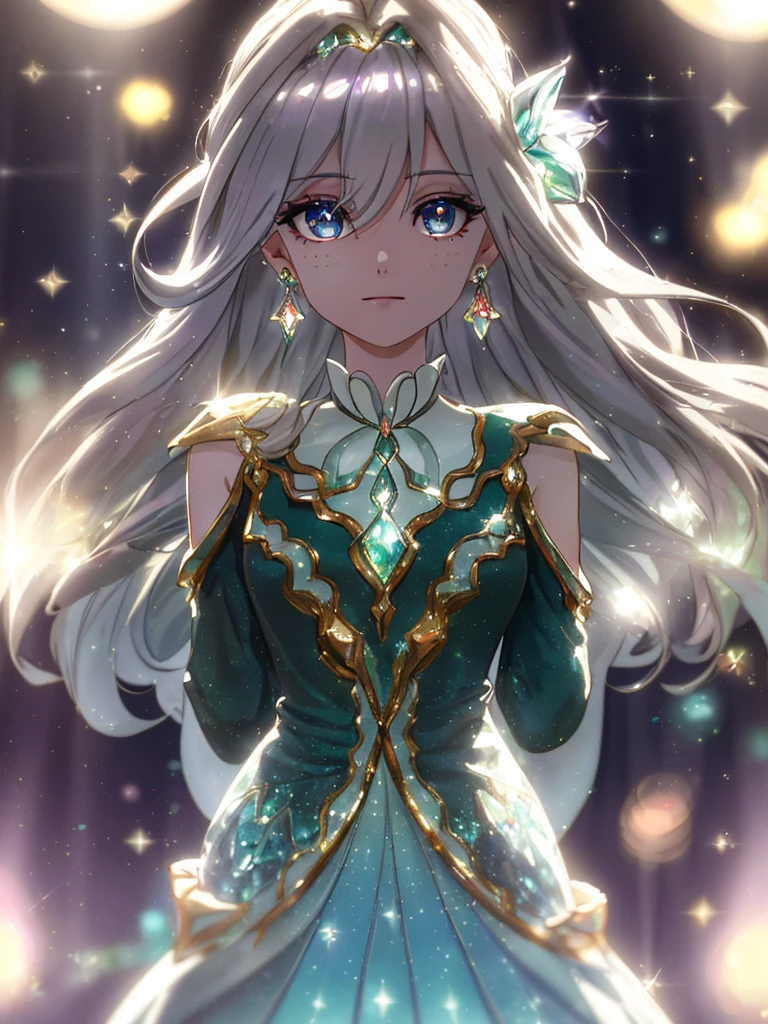 masterpiece, highest quality, figure, alexandrite eyes and hair, platinum earrings, Platinum Necklace, white dress, The Little Mermaid, cute, (dynamic lighting:1.2), cinematic lighting, delicate features, fine eyes, sharp pupils, realistic student, Depth of bounds written, Bokeh, sharp focus, (very detailed, bloom, shine:1.4), Many Small Gems