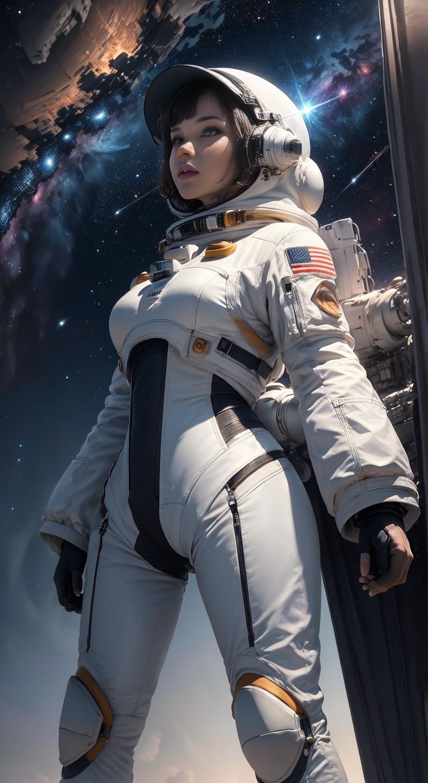 (Best Quality, 4k, ultra detailed, high resolution, Masterpiece: 1.2),(wide angle, Character from a Distance:1.5), There is a character seen from afar, located on a high observation point:1.4. It is small compared to the surroundings., highlighting the magnitude of the ship. The character is equipped with a space suit:1.5, with flashing lights and mechanical details.view of outer space: Through the ship&#39;s openings, you see a vast starry space. The stars are unevenly distributed., creating variable densities and suggesting the remoteness of some celestial objects.(raw photo, Best Quality, Masterpiece, photorealistic, of the highest quality, Maximum image quality, high resolution, 8k, HD:1.2), vibrant,ethereal lighting,sharp focus,ultra detailed,((Extremely detailed 8k unified CG wallpaper)), surreal and dreamlike textures,magical and mysterious essence,unexplored and undiscovered wonders,sculptural and abstract elements,transcendent composition, visual effects, photorealistic, digital composition master class