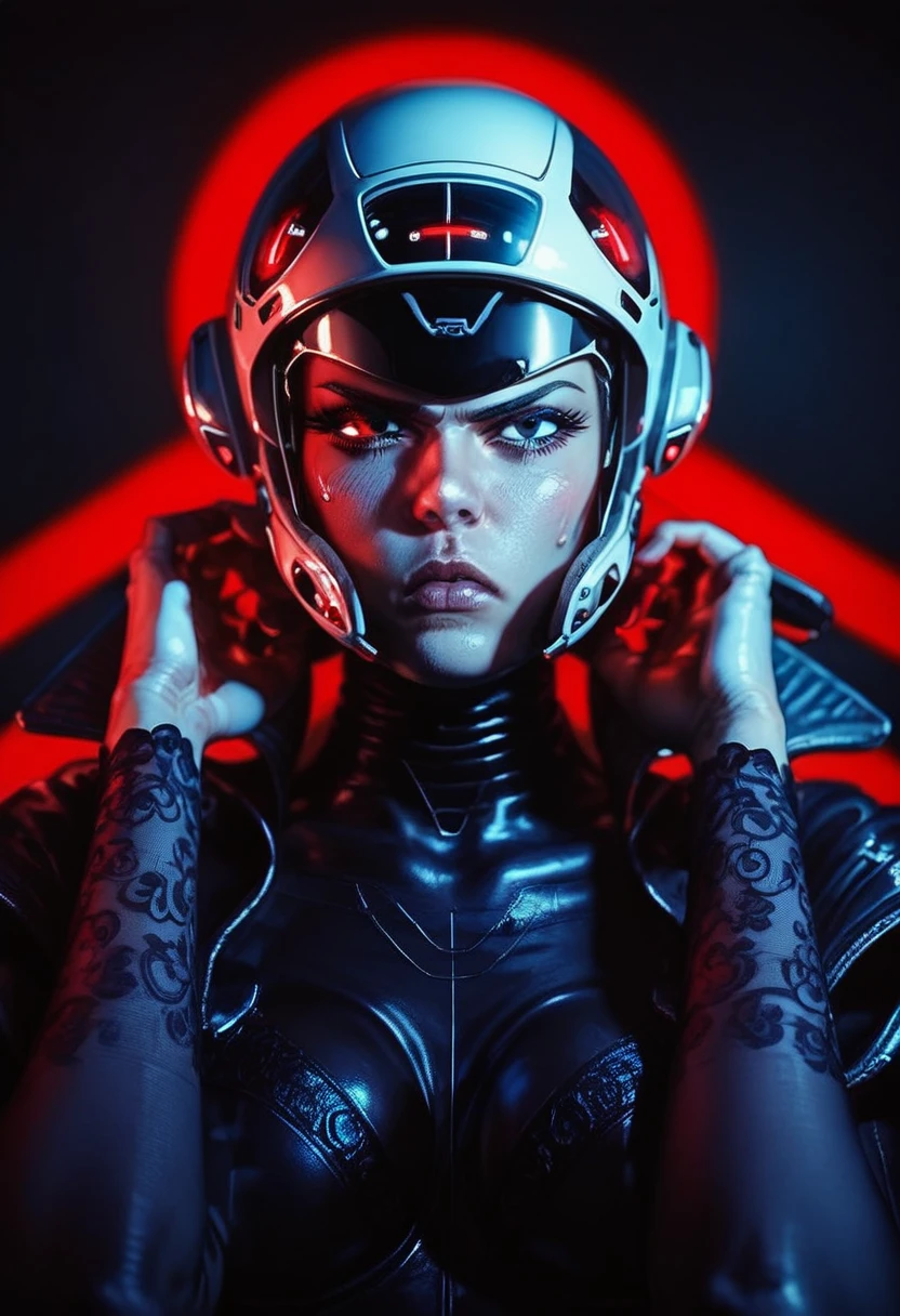 score_9, score_8_up, score_7_up, ((gothic vampire woman piloting in gothic spacecraft)), vampiric cockpit, (from below), front view, (120 fov), (iridescent bodysuit), lace accessories, ((pilot seat)), (((lying back) pose)), ((elegant)), (((serious tone))), futuristic, [blushing], sweat, ((claustrophobic)), pilot helmet, ((hands on controls)), dramatic red lighting, shadow