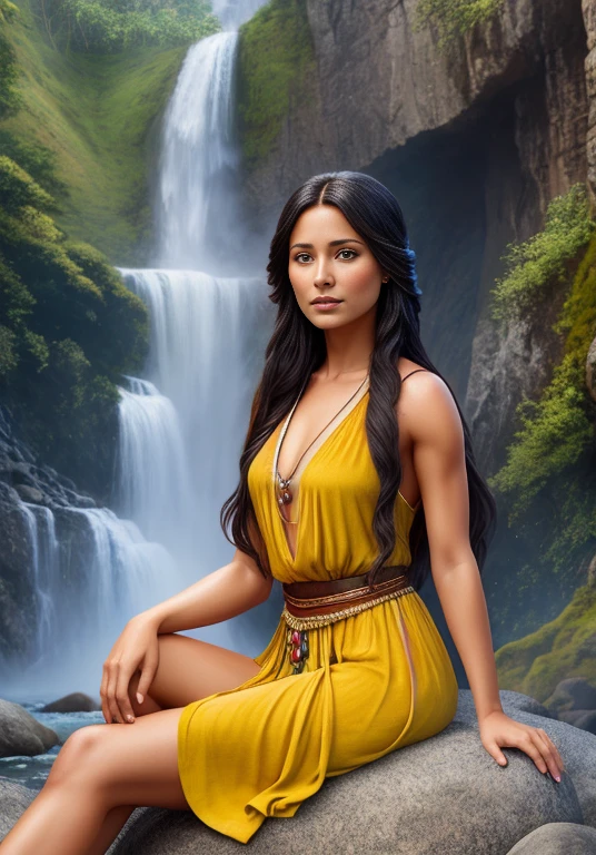 une femme assise sur un rocher près d&#39;une cascade en robe, belle peinture de personnage, belle femme, Pocahontas, Magali Villeneuve&#39;, zénoscope, Tyler Edlin fantaisie, portrait de Pocahontas, peinture fantastique réaliste, art fantastique hyperréaliste, portrait d&#39;un jeune Pocahontas, oeuvre fantastique réaliste., inspiré par Greg Hildebrandt