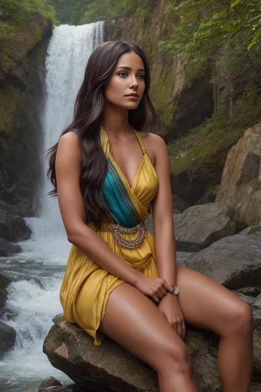 uma mulher sentada em uma pedra perto de uma cachoeira em um vestido, linda pintura de personagem, bela moça, Pocahontas, Magali Villeneuve&#39;, zenoscópio, tyler edlin fantasia, Retrato de Pocahontas, pintura de fantasia realista, arte de fantasia hiperrealista, retrato de uma jovem Pocahontas, Arte de fantasia realista., inspirado em Greg Hildebrandt