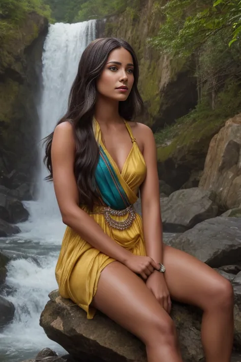 a woman sitting on a rock near a waterfall in a dress, beautiful character painting, beautiful lady, pocahontas, magali villeneu...