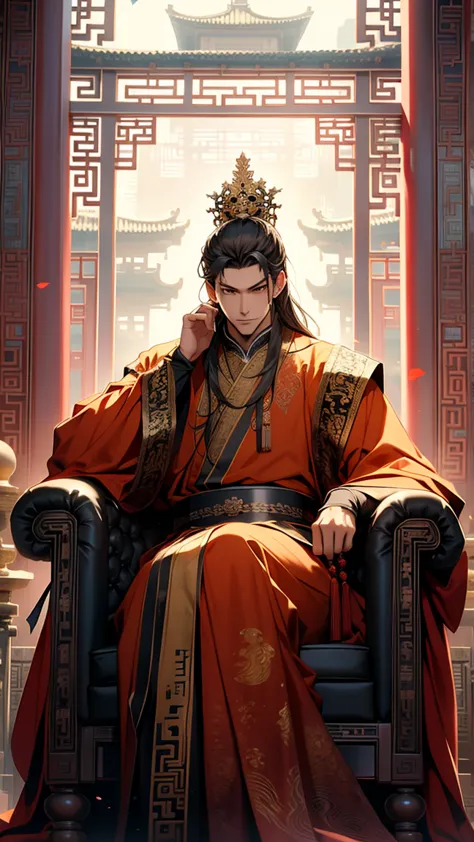 An old Chinese king sitting on a chair in the palace