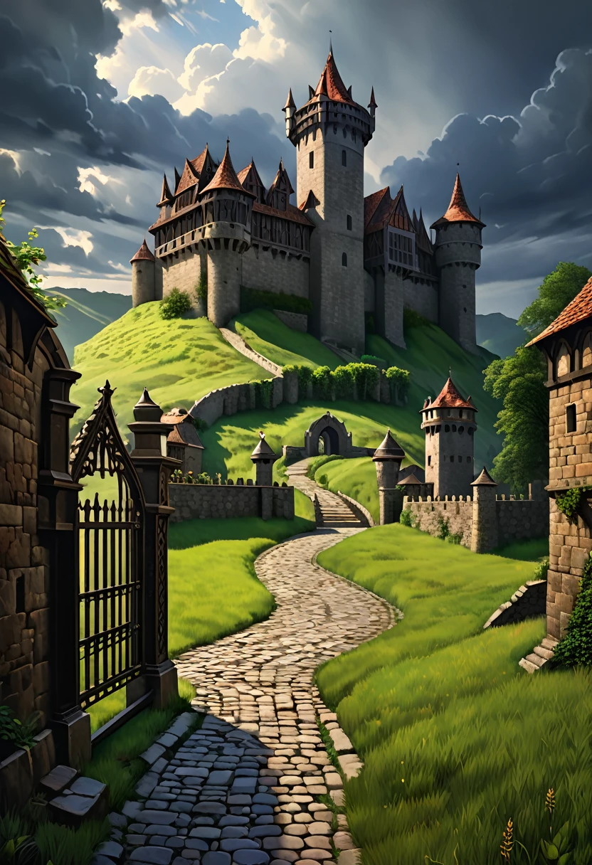1 medieval fantasy scene, detailed medieval castle, gothic architecture, dramatic lighting, moody atmosphere, overcast sky, rolling hills, lush green meadows, stone bridges, cobblestone streets, ornate iron gates, wooden watchtowers, (best quality,4k,8k,highres,masterpiece:1.2),ultra-detailed,(realistic,photorealistic,photo-realistic:1.37),intricate textures, rich color palette, dramatic chiaroscuro, cinematic composition, grand scale, 15th century, historical accuracy