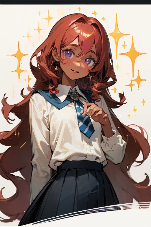 ((, Masterpiece: 1.5, best quality, high resolution: 1.3, super resolution, super detailed, ultra detailed: 1.3, Perfect Anatomy:1.5, 1 woman ) dark skin + strawberry hair curly long + dark eyes + long eyelashes + female figure + freckled cheeks (hogwarts uniform, ravenclaw colors) ((adorable open eyes, friendly cute expression, sparkle in eyes))