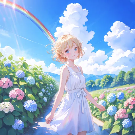 highest quality,masterpiece,watercolor style,girl,blonde,blue eyes,white dress,red ribbon hydrangea,after the rain,rainbow,looki...