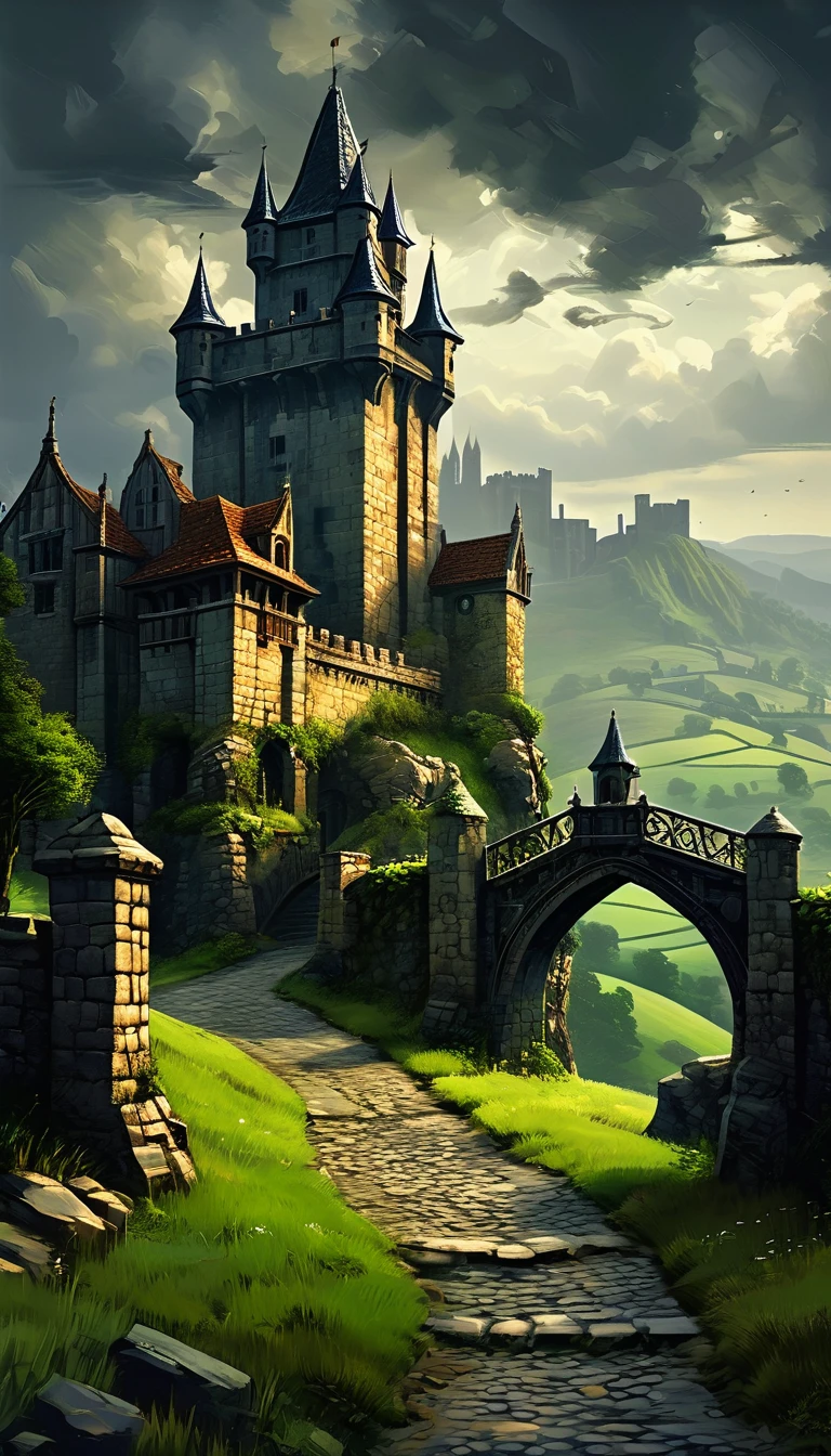 1 medieval fantasy scene, detailed medieval castle, gothic architecture, dramatic lighting, moody atmosphere, overcast sky, rolling hills, lush green meadows, stone bridges, cobblestone streets, ornate iron gates, wooden watchtowers, (best quality,4k,8k,highres,masterpiece:1.2),ultra-detailed,(realistic,photorealistic,photo-realistic:1.37),intricate textures, rich color palette, dramatic chiaroscuro, cinematic composition, grand scale, 15th century, historical accuracy

