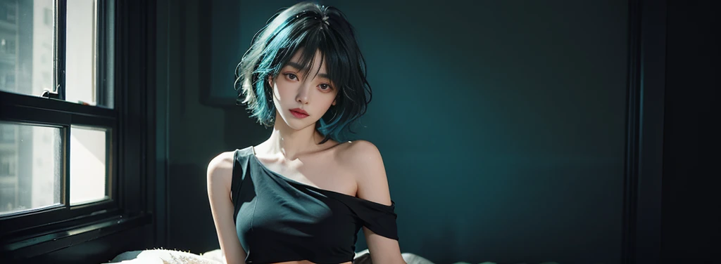 23 year old girl, beautiful, short shoulder length hair, black and cyan hair color, almond eyes, no makeup, cyan crop top, thin leggings, in front of the window, night city, quiet atmosphere, close-up, midnight, (photo: 1.2 ), (super realistic: 1.3), (highly detailed: 1.1), ((masterpiece)), quiet, sad, don't cry