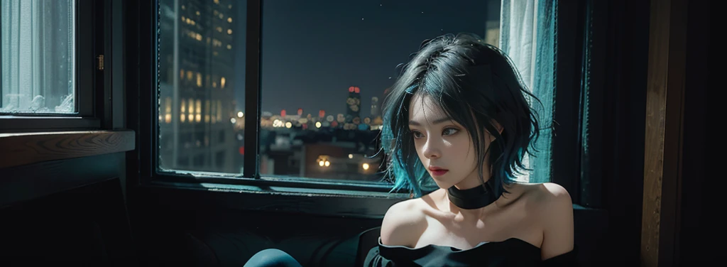 23 year old girl, beautiful, short shoulder length hair, black and cyan hair color, almond eyes, no makeup, cyan crop top, thin leggings, in front of the window, night city, quiet atmosphere, close-up, midnight, (photo: 1.2 ), (super realistic: 1.3), (highly detailed: 1.1), ((masterpiece)), quiet, Using a mask