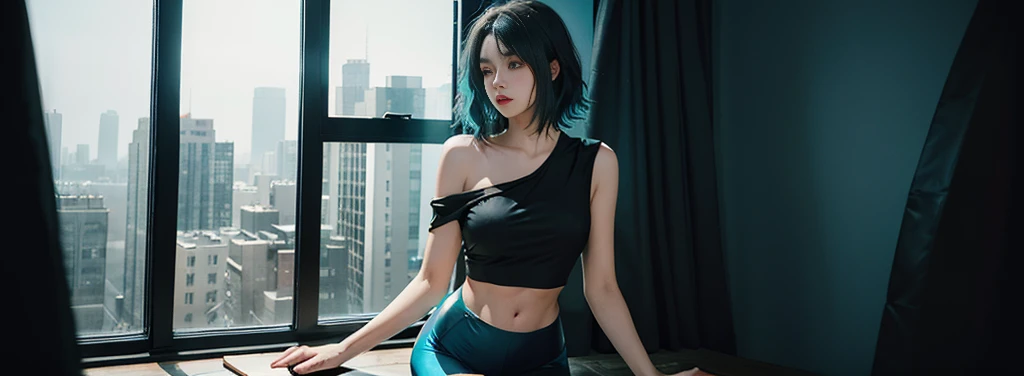 23 year old girl, beautiful, short shoulder length hair, black and cyan hair color, almond eyes, no makeup, cyan crop top, thin leggings, in front of the window, night city, quiet atmosphere, close-up, midnight, (photo: 1.2 ), (super realistic: 1.3), (highly detailed: 1.1), ((masterpiece)), quiet, hackers 
