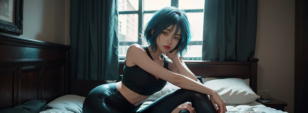 23 year old girl, beautiful, short shoulder length hair, black and cyan hair color, almond eyes, no makeup, cyan crop top, thin leggings, in front of the window, night city, quiet atmosphere, close-up, midnight, (photo: 1.2 ), (super realistic: 1.3), (highly detailed: 1.1), ((masterpiece)), quiet, hackers, programmer 