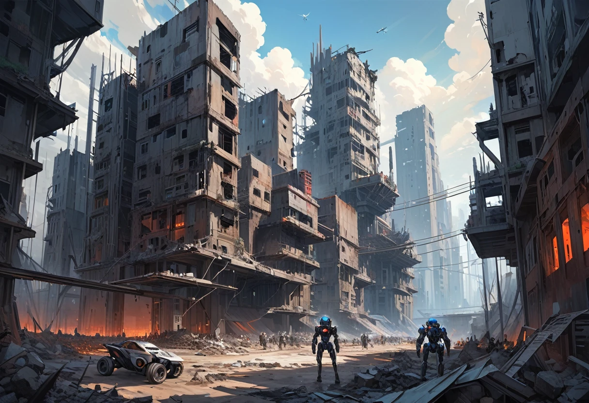 grand scape, futuristic atmosphere, dead world theme, polluted world, destroyed minimalist city with unfinished building structures, all constructions made of steel and iron, without vegetation, No Water, dark world, spectacular sky from another world, humanoid robots and drones roaming the environment. oil painting)
