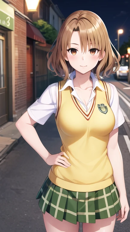 masterpiece, best quality, highres, 1girl, solo, short hair, brown hair, brown eyes, breasts, collarbone, , collared shirt, white shirt, sweater vest, (yellow vest:1.1), short sleeves, plaid skirt, green skirt, night, standing, street, hand on hip, city