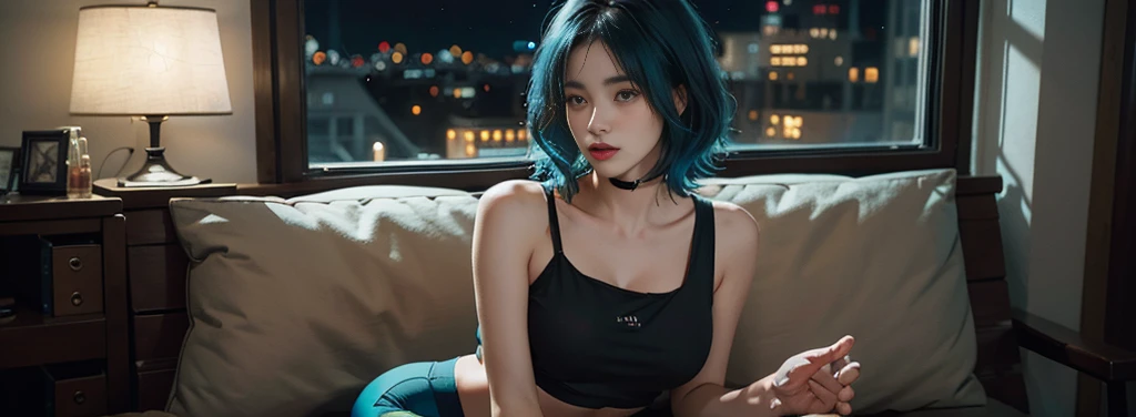 23 year old girl, beautiful, short shoulder length hair, black and cyan hair color, almond eyes, no makeup, cyan crop top, thin leggings, in front of the window, night city, quiet atmosphere, close-up, midnight, (photo: 1.2 ), (super realistic: 1.3), (highly detailed: 1.1), ((masterpiece)), quiet, hackers, programmer 