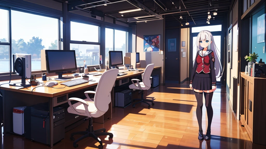 1 beautiful girl, great image quality with lots of detail, ray tracing, in a navy sailor , long stockings, blue eyes, white hair, , in a neon room, PC gaming, perfect anatomy, full body.