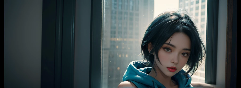 23 year old girl, beautiful, short shoulder length hair, black and cyan hair color, almond eyes, no makeup, hoodie big size, in front of the window, night city, quiet atmosphere, close-up, midnight, (photo: 1.2 ), (super realistic: 1.3), (highly detailed: 1.1), ((masterpiece)), quiet, hackers, programmer 