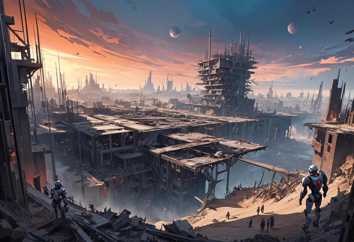 grand scape, futuristic atmosphere, dead world theme, polluted world, destroyed minimalist city with unfinished building structures, all constructions made of steel and iron, without vegetation, No Water, dark world, spectacular sky from another world, humanoid robots and drones roaming the environment. oil painting)
