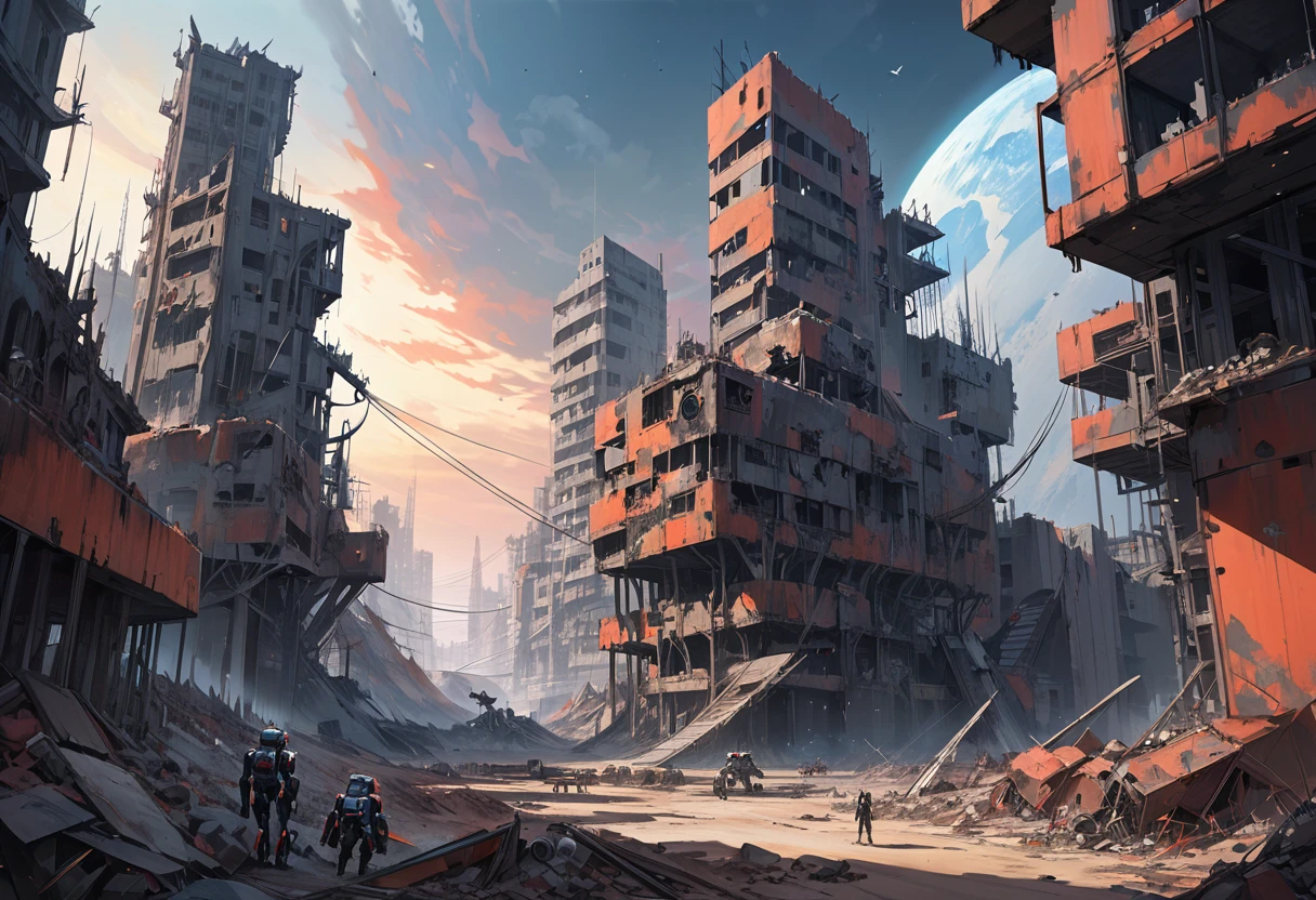 grand scape, futuristic atmosphere, dead world theme, polluted world, destroyed minimalist city with unfinished building structures, all constructions made of steel and iron, without vegetation, No Water, dark world, spectacular sky from another world, humanoid robots and drones roaming the environment. oil painting)
