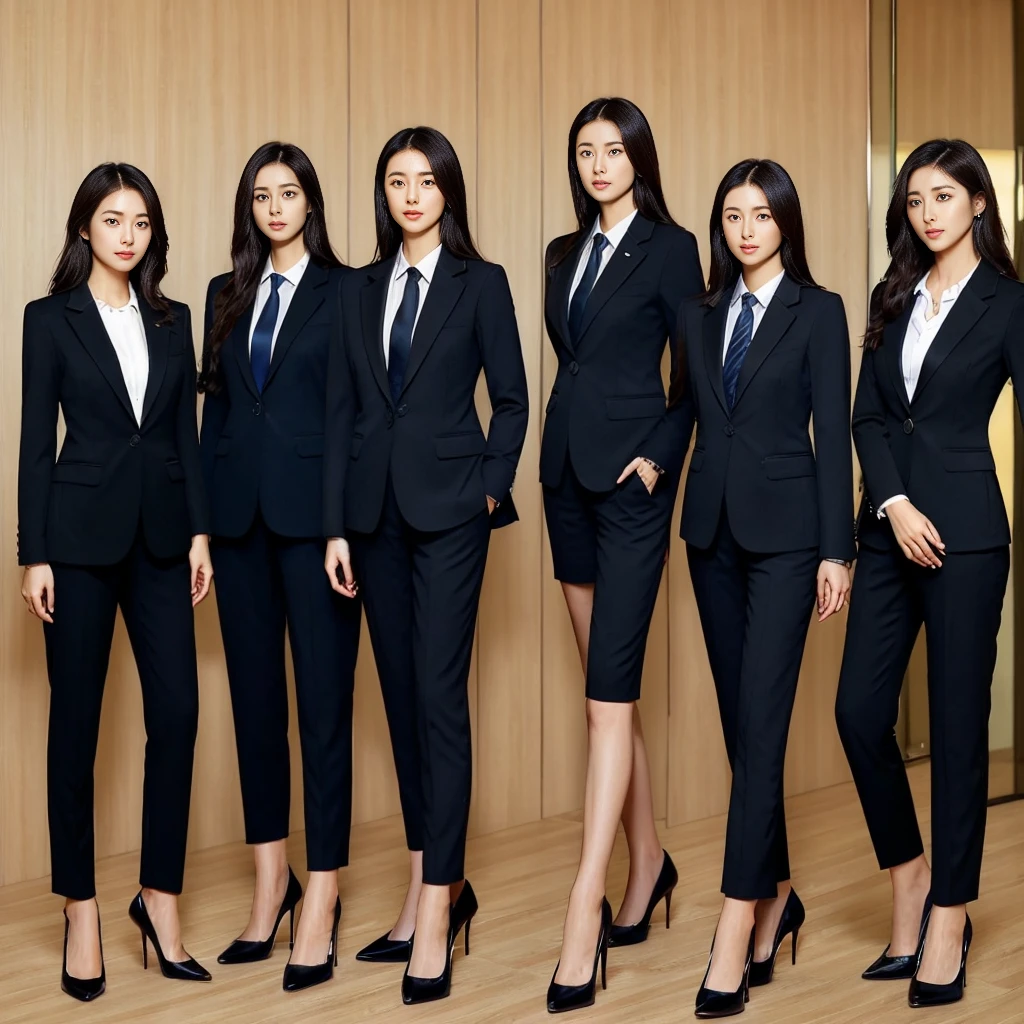 arafed group of asian business women standing in a row, business attire, office clothes, suits, wearing a suits, korean women's fashion model, wearing suits!, formal attire, wearing business suit, well - dressed, women full body, business clothes, wearing a business suit, wearing causal black suits, wearing a strict business suit, beautiful women, sleek legs