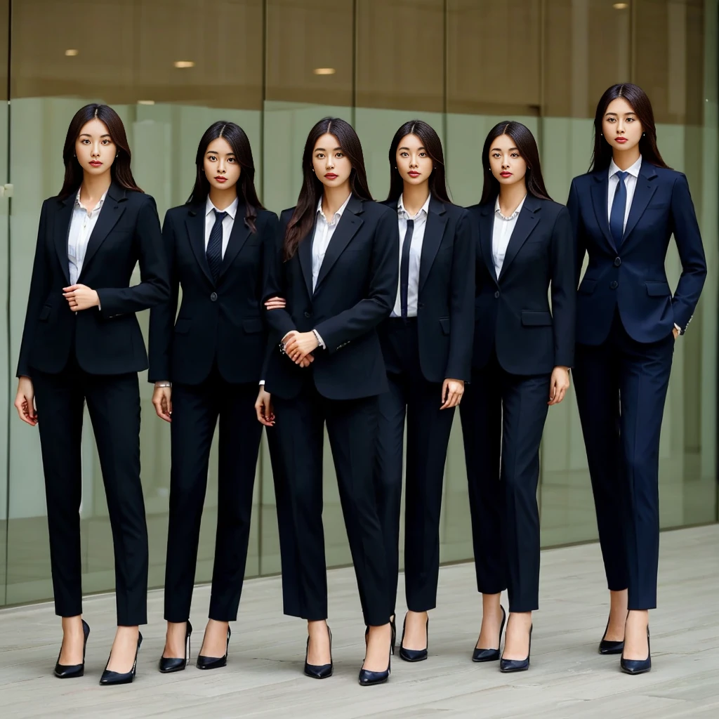 arafed group of asian business women standing in a row, business attire, office clothes, suits, wearing a suits, korean women's fashion model, wearing suits!, formal attire, wearing business suit, well - dressed, women full body, business clothes, wearing a business suit, wearing causal black suits, wearing a strict business suit, beautiful women, sleek legs