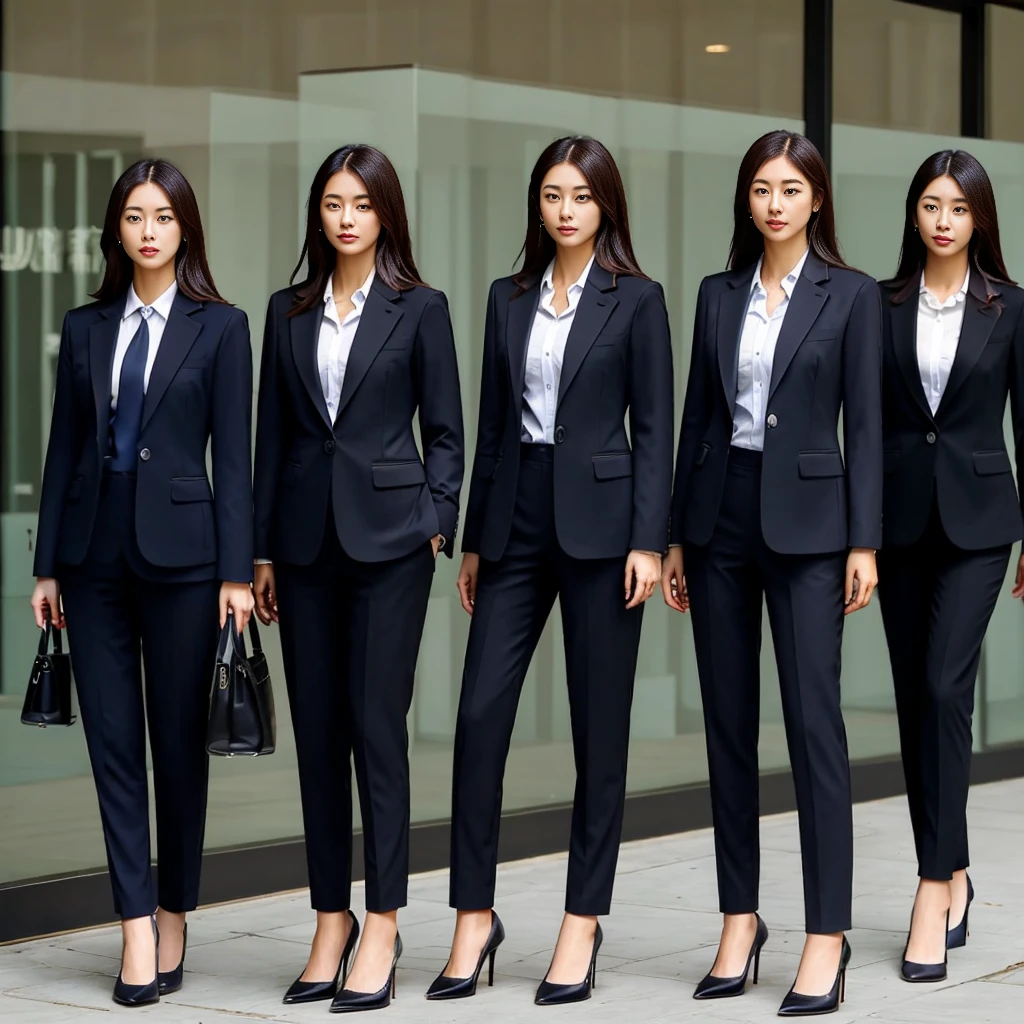 arafed group of asian business women standing in a row, business attire, office clothes, suits, wearing a suits, korean women's fashion model, wearing suits!, formal attire, wearing business suit, well - dressed, women full body, business clothes, wearing a business suit, wearing causal black suits, wearing a strict business suit, beautiful women, sleek legs