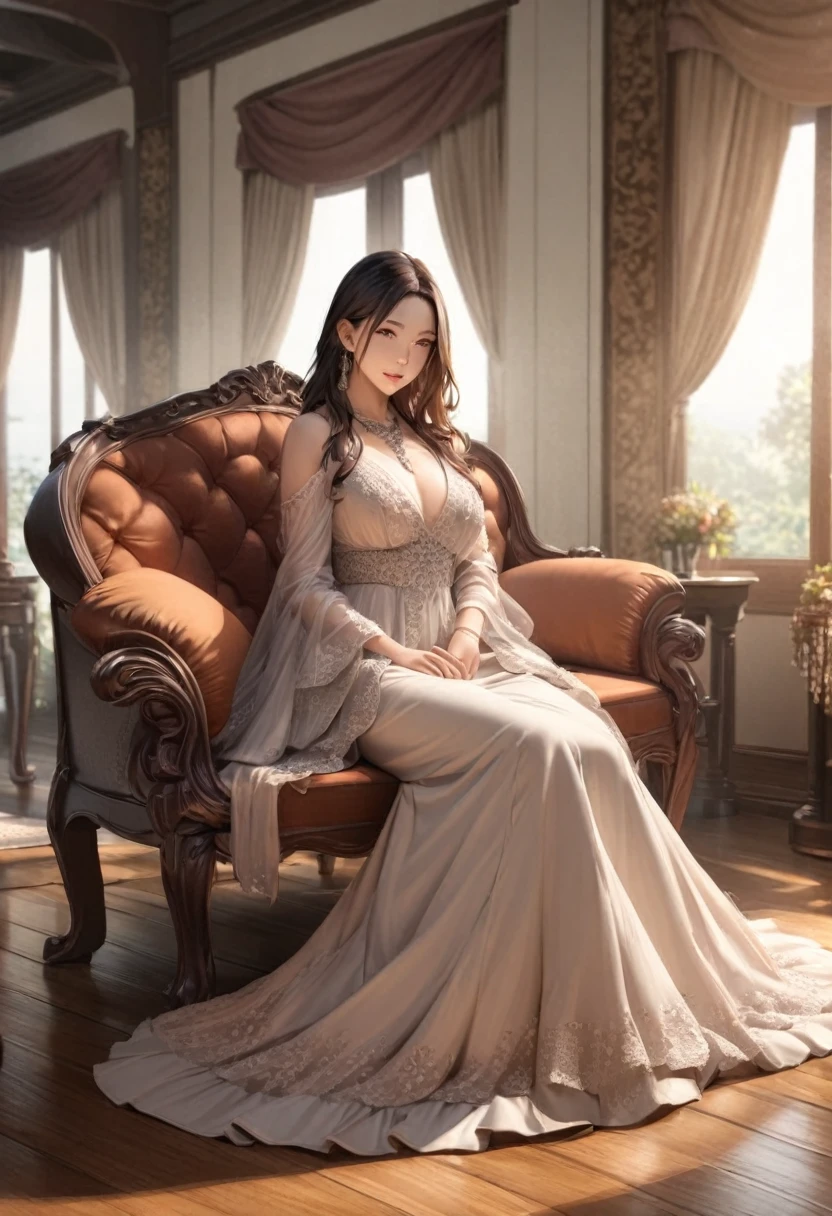 a beautiful young woman sitting on a bed in a bedroom, wearing a white dress and blue skirt, long hair, bare shoulders, jewelry, and thigh-high socks, looking down and smiling softly, bathed in warm, soft lighting, full shot, (best quality,4k,8k,highres,masterpiece:1.2),ultra-detailed,(realistic,photorealistic,photo-realistic:1.37),highly detailed face and eyes,extremely detailed eyes and face,longeyelashes,1girl,elegant,graceful,natural lighting,warm color tones,soft focus,detailed jewelry,detailed clothing,detailed furniture,detailed wood floor,detailed bedroom setting